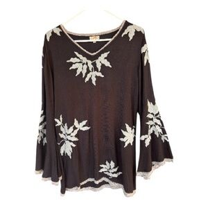 Scully Size Large Black With Gray Embroidery Tunic Top Lace Trim Western Boho
